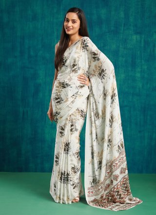 Cream Crepe Silk Classic Saree with Digital Print Work