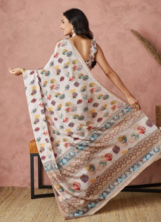 Cream Crepe Silk Contemporary Saree with Digital Print Work