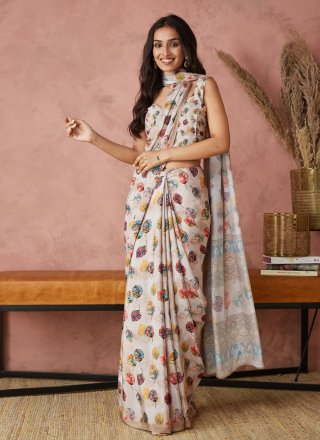 Cream Crepe Silk Contemporary Saree with Digital Print Work