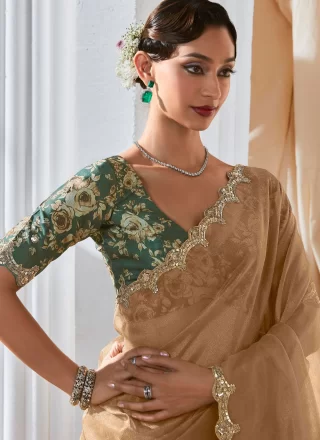 Cream Fancy Fabric Cut, Sequins, Thread and Zari Work Trendy Saree