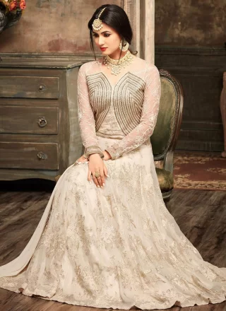 Cream Georgette Anarkali Suit with Embroidered, Stone and Zari Work for Ceremonial