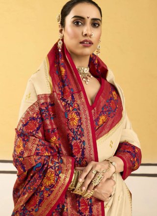 Cream Jacquard and Print Work Silk Classic Saree