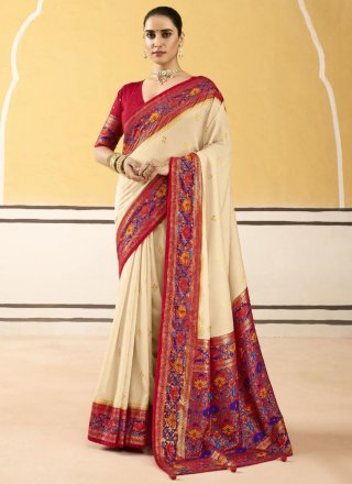 Cream Jacquard and Print Work Silk Classic Saree