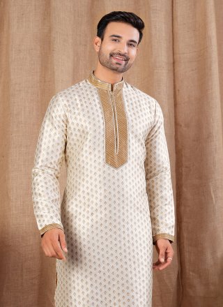 Cream Jacquard Buttons and Thread Work Kurta Pyjama