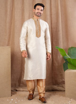 Cream Jacquard Buttons and Thread Work Kurta Pyjama