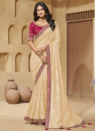 Cream Jacquard Designer Saree with Cord, Mirror and Zari Work