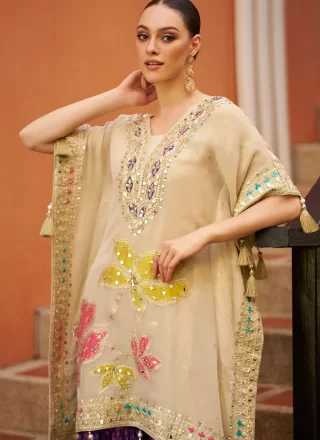 Cream Jacquard Silk Readymade Salwar Suit with Embroidered and Gota Work