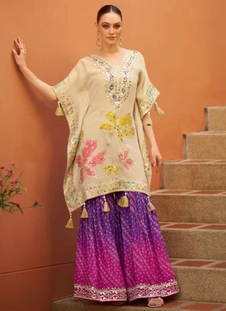 Cream Jacquard Silk Readymade Salwar Suit with Embroidered and Gota Work