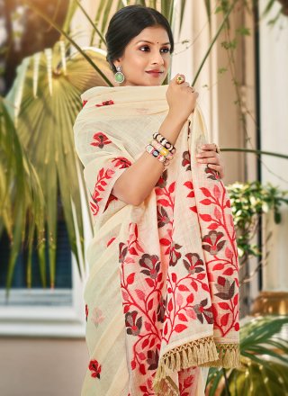 Cream Kanjivaram Silk Trendy Saree with Embroidered and Thread Work
