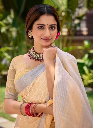 Cream Linen Casual Sari with Weaving Work