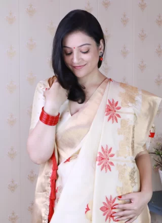 Cream Meenakari and Woven Work Silk Contemporary Saree