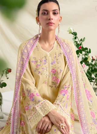 Cream Muslin Pant Style Suit with Digital Print, Embroidered and Resham Work for Ceremonial