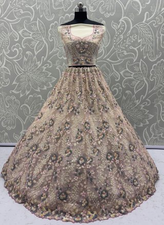 Cream Net A - Line Lehenga Choli with Embroidered, Fancy, Floral Patch, Multi, Sequins and Thread Work