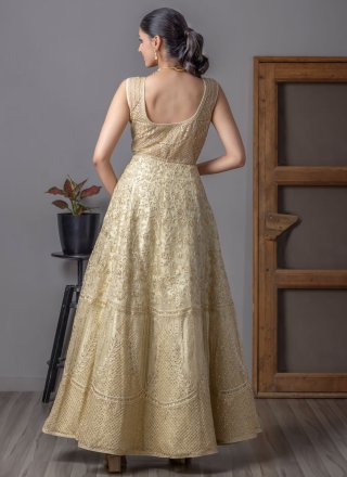 Cream Net Readymade Salwar Suit with Embroidered, Stone and Zari Work