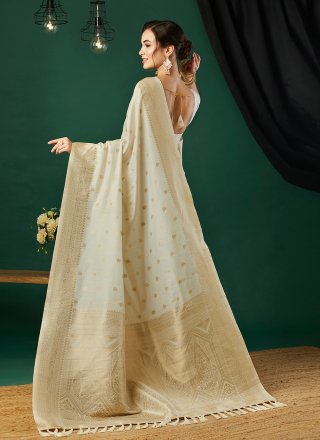 Cream Nylon Classic Sari with Jacquard and Woven Work for Women