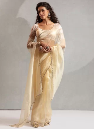 Cream Organza Classic Saree with Zircon Work