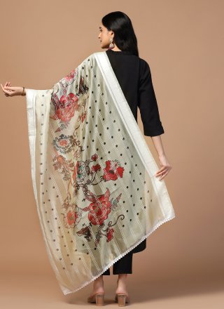 Cream Organza Dupatta Dupatta with Digital Print and Woven Work for Festival