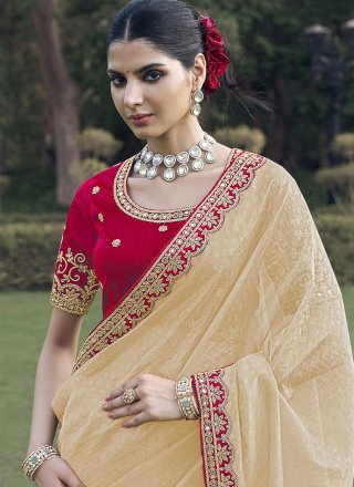 Cream Organza Patch Border, Cord, Mirror and Zari Work Classic Sari