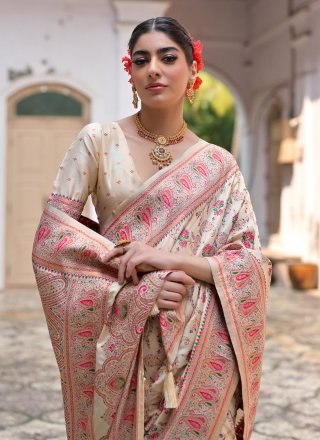 Cream Pashnima Silk Classic Sari with Print Work for Women