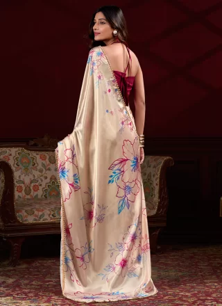 Cream Patch Border, Floral Patch, Lace and Pearls Work Satin Silk Classic Sari