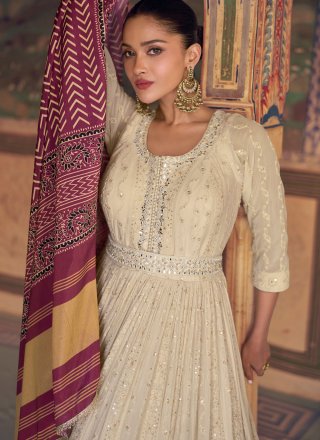 Cream Pure Georgette Gown with Chikankari, Embroidered, Mirror and Sequins Work for Engagement