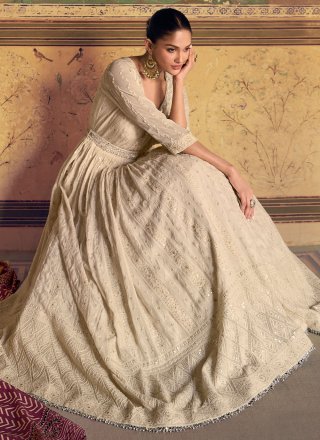 Cream Pure Georgette Gown with Chikankari, Embroidered, Mirror and Sequins Work for Engagement