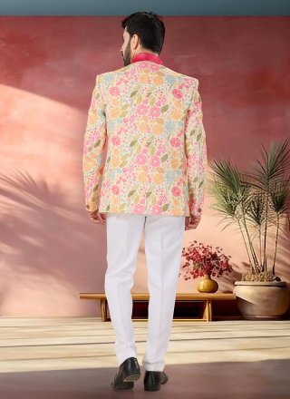 Cream Rayon Embroidered, Sequins and Thread Work Tuxedo Suit for Ceremonial
