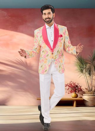 Cream Rayon Embroidered, Sequins and Thread Work Tuxedo Suit for Ceremonial