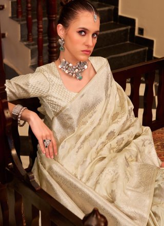 Cream Satin Silk Designer Saree
