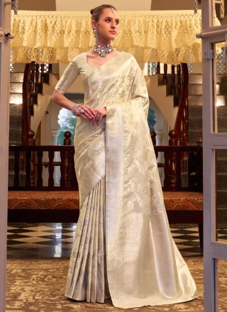 Cream Satin Silk Designer Saree