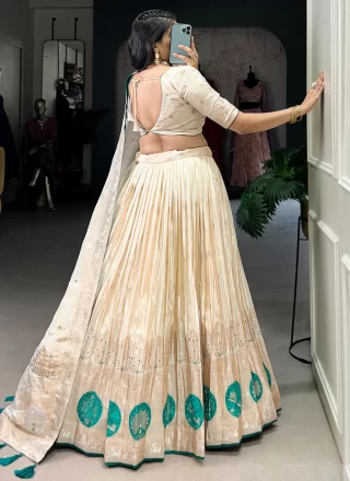 Cream Shimmer Beads, Mirror, Moti, Weaving and Zari Work Lehenga Choli for Ceremonial