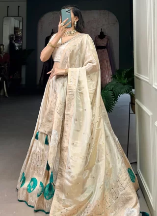 Cream Shimmer Beads, Mirror, Moti, Weaving and Zari Work Lehenga Choli for Ceremonial