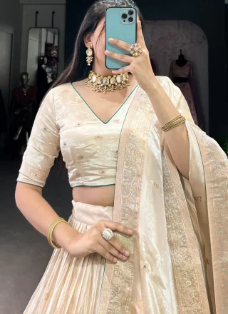 Cream Shimmer Beads, Mirror, Moti, Weaving and Zari Work Lehenga Choli for Ceremonial