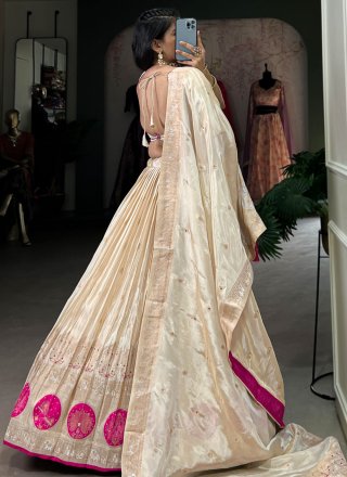 Cream Shimmer Beads, Mirror, Moti, Weaving and Zari Work Lehenga Choli for Ceremonial