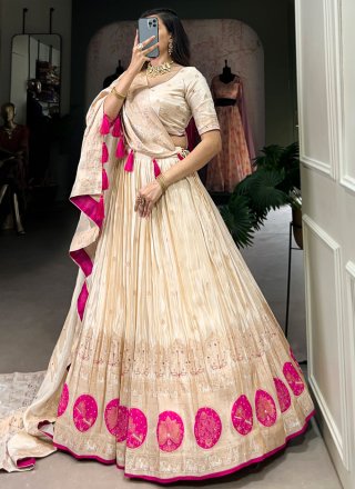 Cream Shimmer Beads, Mirror, Moti, Weaving and Zari Work Lehenga Choli for Ceremonial