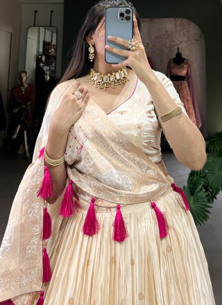 Cream Shimmer Beads, Mirror, Moti, Weaving and Zari Work Lehenga Choli for Ceremonial