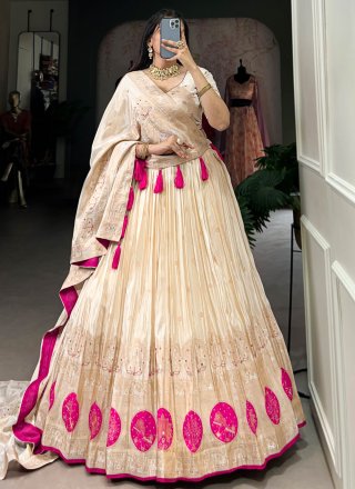 Cream Shimmer Beads, Mirror, Moti, Weaving and Zari Work Lehenga Choli for Ceremonial