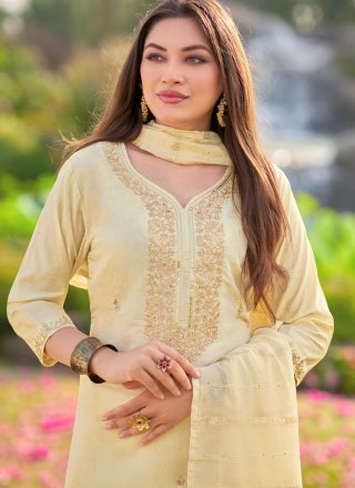 Cream Shimmer Booti and Embroidered Work Salwar Suit for Casual