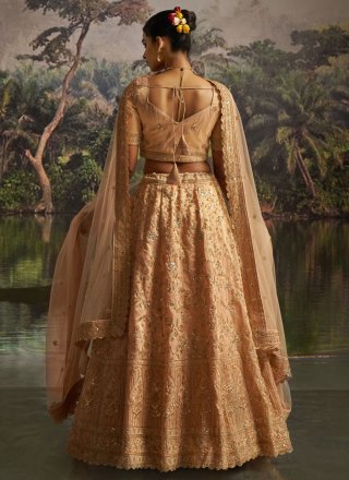Cream Silk A - Line Lehenga Choli with Beads, Dori, Embroidered, Sequins, Zari and Zircon Work