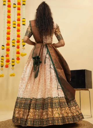 Cream Silk A - Line Lehenga Choli with Fancy, Print and Weaving Work for Ceremonial