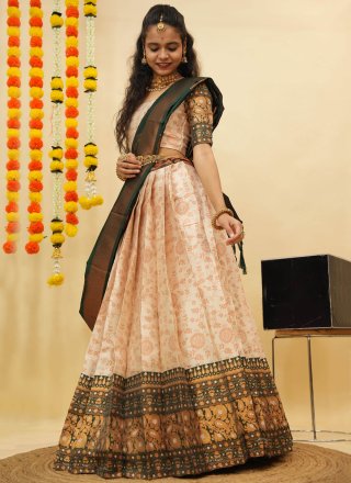 Cream Silk A - Line Lehenga Choli with Fancy, Print and Weaving Work for Ceremonial