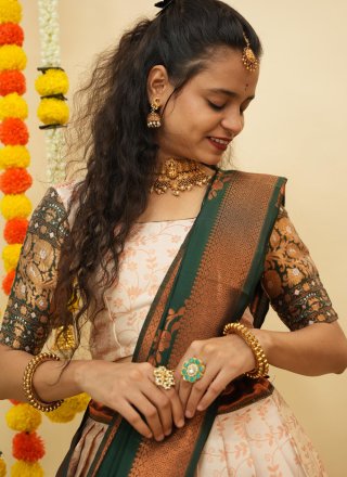 Cream Silk A - Line Lehenga Choli with Fancy, Print and Weaving Work for Ceremonial