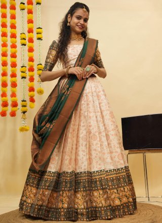 Cream Silk A - Line Lehenga Choli with Fancy, Print and Weaving Work for Ceremonial