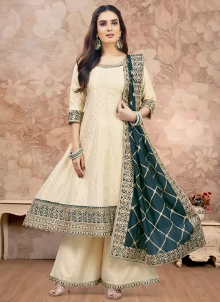 Cream Silk Anarkali Suit with Jacquard Work