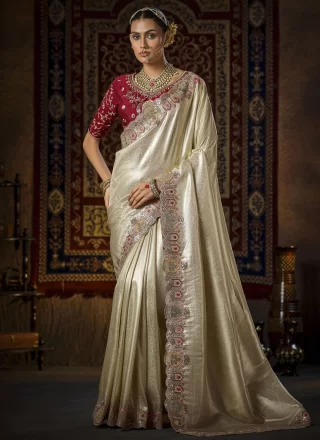 Cream Silk Classic Saree with Cut, Embroidered, Sequins, Weaving and Zari Work for Ceremonial