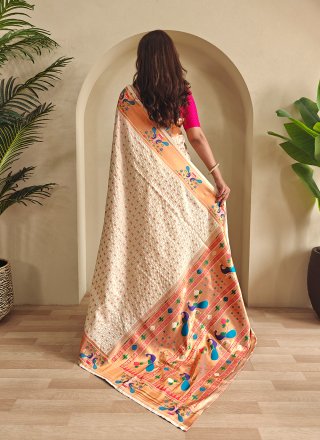 Cream Silk Contemporary Saree with Woven Work