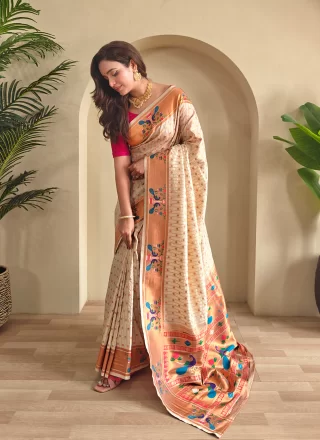 Cream Silk Contemporary Saree with Woven Work