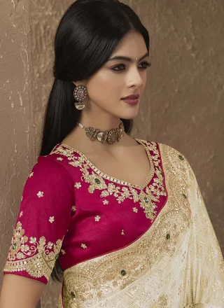 Cream Silk Cord, Embroidered, Sequins and Thread Work Classic Saree
