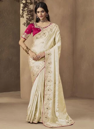 Cream Silk Cord, Embroidered, Sequins and Thread Work Classic Saree