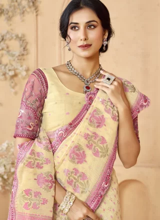 Cream Silk Designer Saree with Embroidered, Jacquard, Sequins and Thread Work
